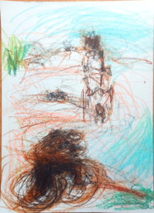 cycling past the memorial-church, grafit, color pencil, chocolate cycling past the memorial-church, grafit, color pencil, chocolate