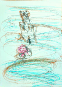 cycling past the memorial-church, grafit, color pencil, chocolate cycling past the memorial-church, grafit, color pencil, chocolate