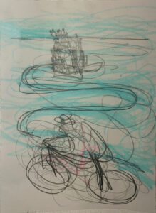 cycling past the memorial-church, grafit, color pencil cycling past the memorial-church, grafit, color pencil