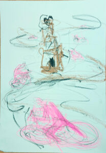 cycling past the memorial-church, grafit, color pencil, chocolate cycling past the memorial-church, grafit, color pencil, chocolate