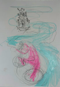 cycling past the memorial-church, grafit,color pencil cycling past the memorial-church, collage, grafit,color pencil