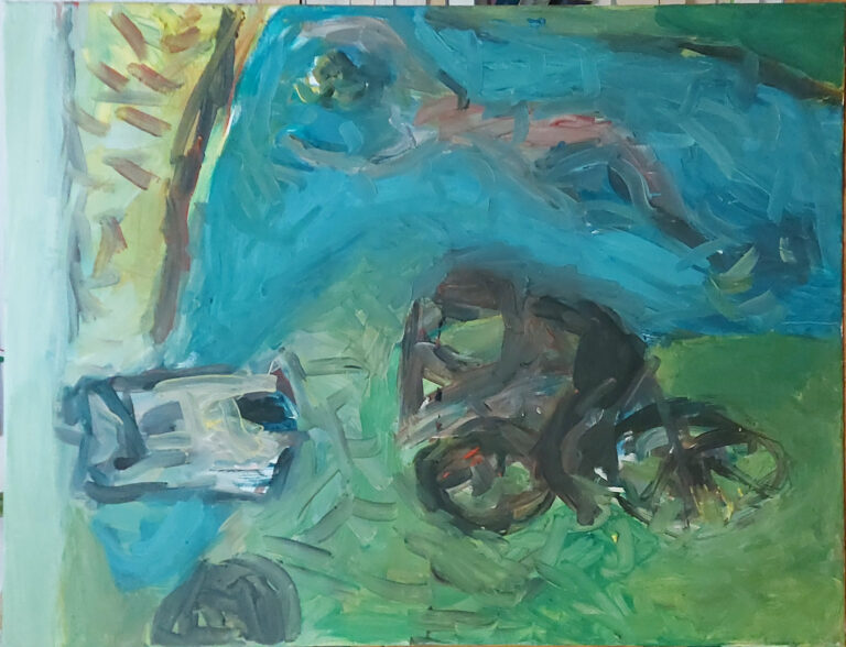 Cycling -> past the Kaiser-Friedrich-Memorial-Church to the sea, 60x 80cm, Egg-tempera etc Cycling -> past the Kaiser-Friedrich-Memorial-Church to the sea, 60x 80cm, Egg-tempera etc