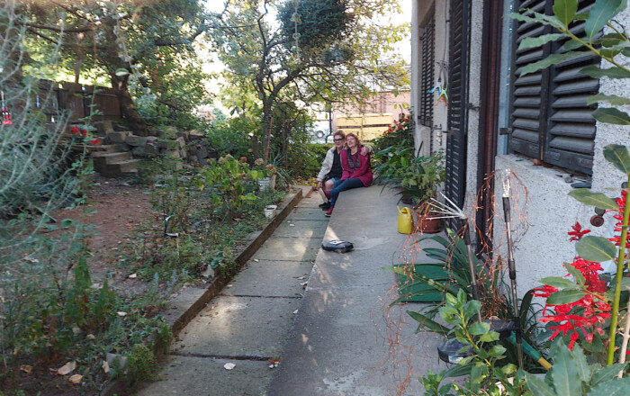 saundra and andrea in front of "Apartmani Sobe Biljani"